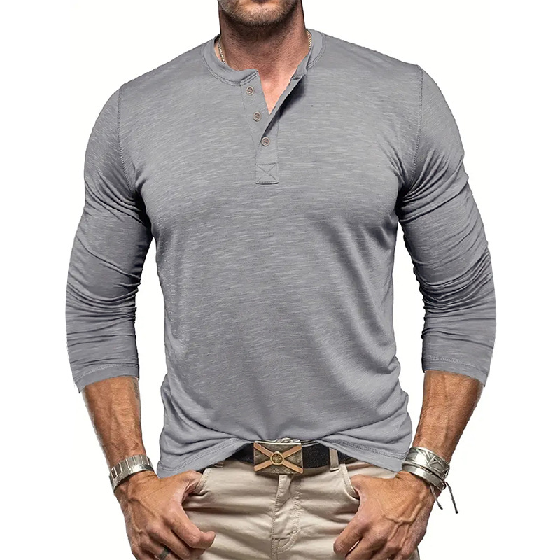 メンズスポーツウェア トレーニング用長袖ヘンリーネックシャツ 速乾伸縮 全6色