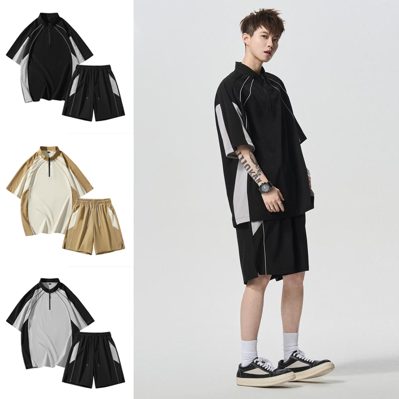メンズスポーツウェア メンズ運動風半袖シャツ短パンセットアップ春夏新作全三色