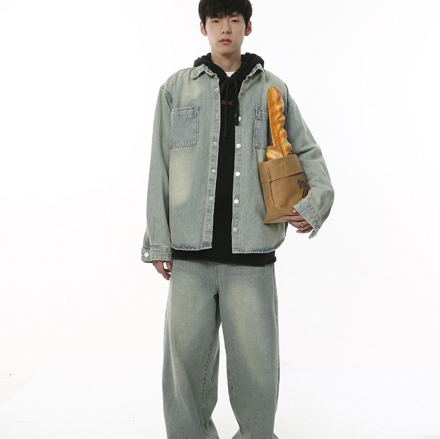 メンズスポーツウェア 男性用スポーツデニム上下セット秋冬新作ゆったりジャケット