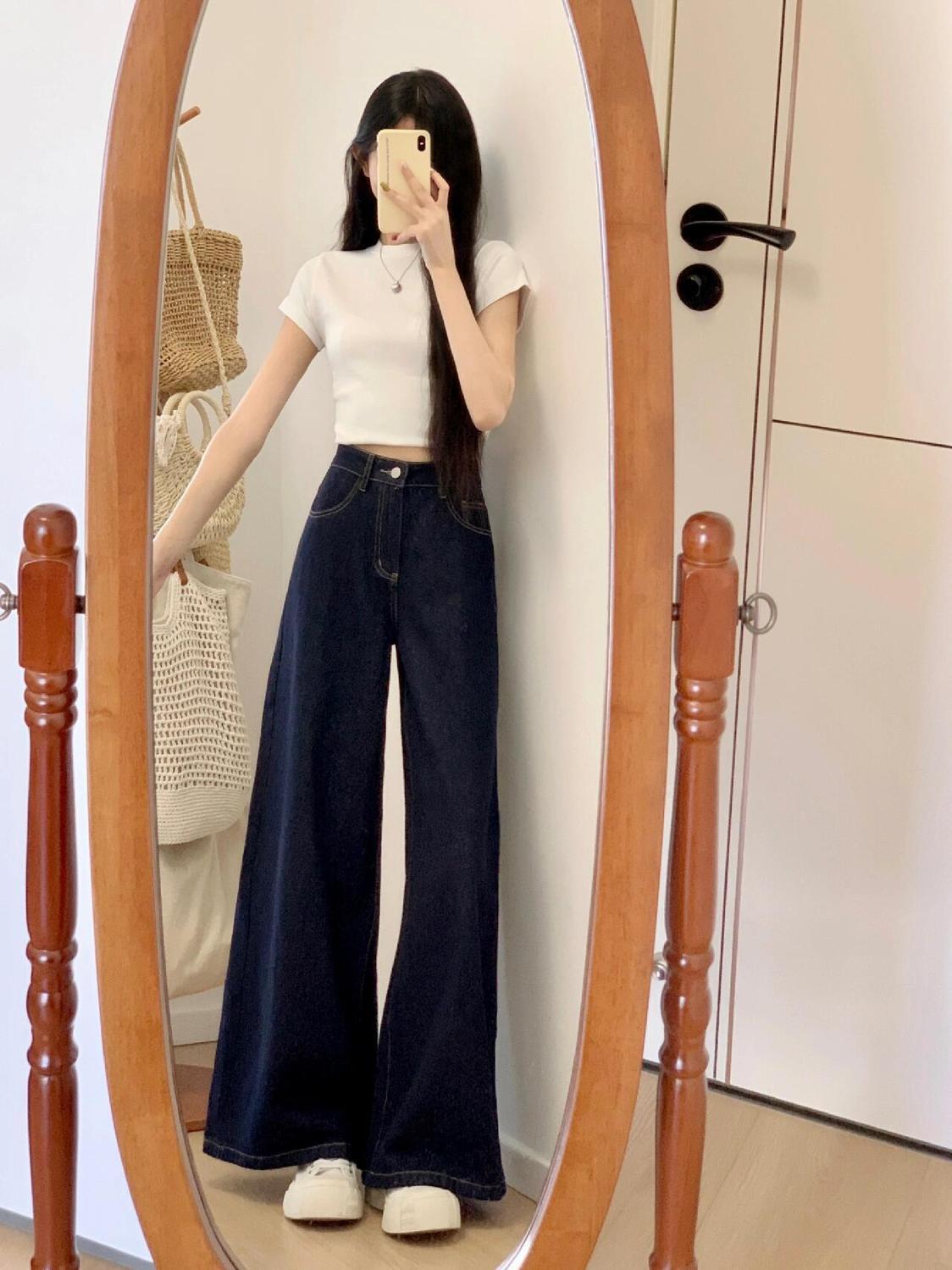 ストレートデニム ゆったりロングフレアデニムパンツ