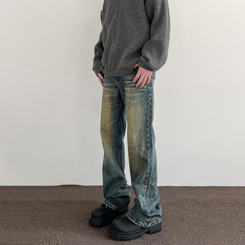 ストレートデニム ワイドシルエットヴィンテージ加工デニム