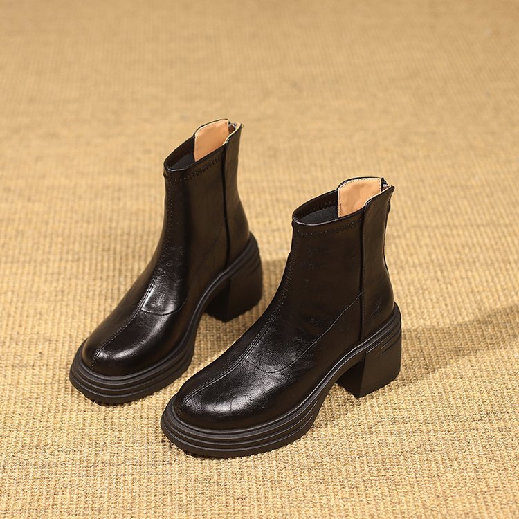 ショートブーツ 厚底チャンキーヒール本革ショートブーツ