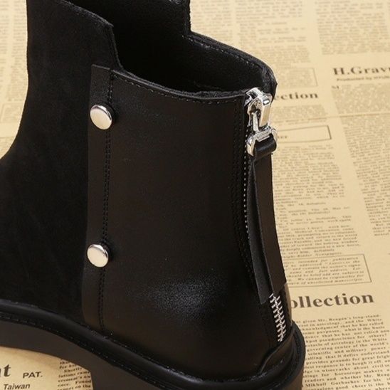 ショートブーツ サイドファスナー装飾金具付き本革ショートブーツ