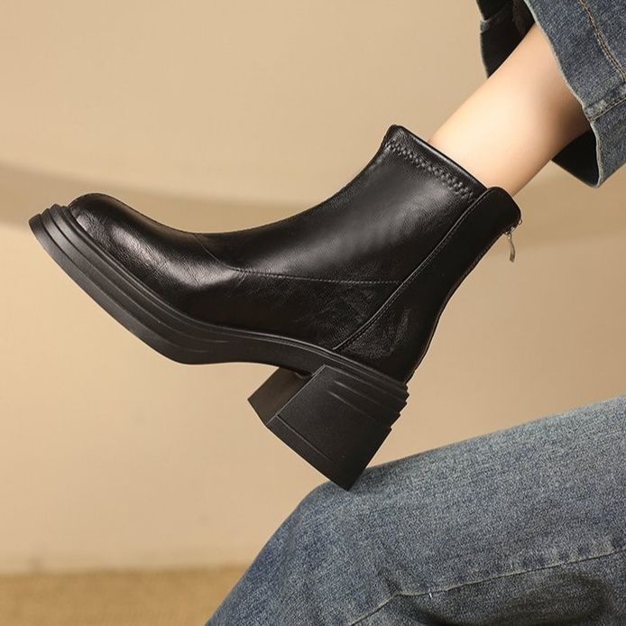 ショートブーツ 厚底チャンキーヒール本革ショートブーツ
