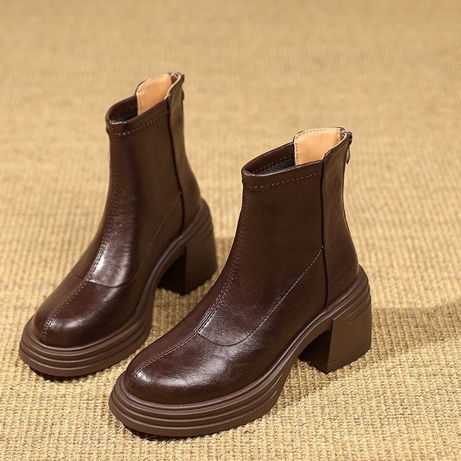 ショートブーツ 厚底チャンキーヒール本革ショートブーツ