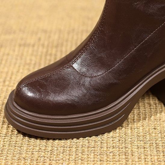 ショートブーツ 厚底チャンキーヒール本革ショートブーツ