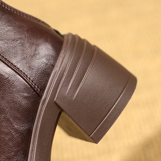 ショートブーツ 厚底チャンキーヒール本革ショートブーツ