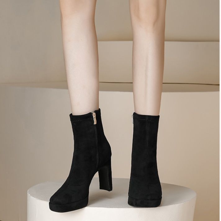 ショートブーツ 厚底プラットフォーム太踵ファスナー付きショートブーツ