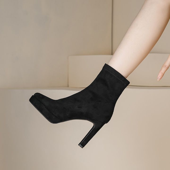 ショートブーツ 厚底プラットフォーム太踵ファスナー付きショートブーツ