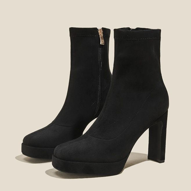 ショートブーツ 厚底プラットフォーム太踵ファスナー付きショートブーツ