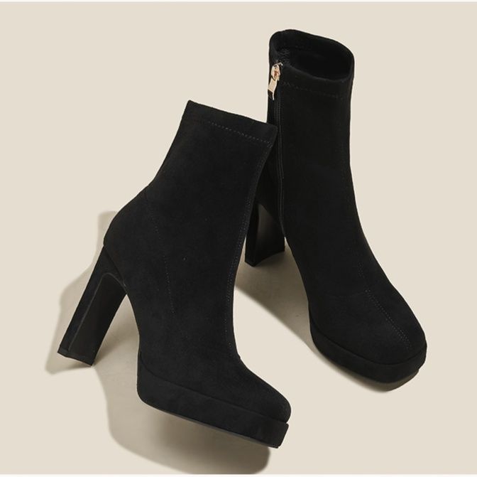 ショートブーツ 厚底プラットフォーム太踵ファスナー付きショートブーツ