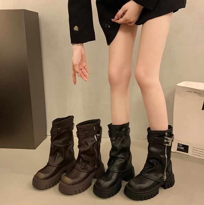 ショートブーツ 厚底ソール本革ベルト装飾ショートブーツ