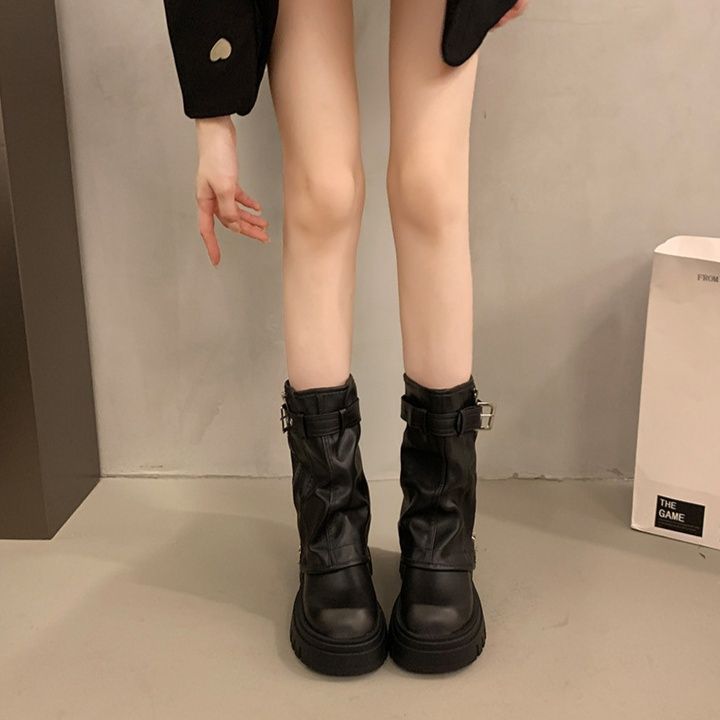 ショートブーツ 厚底ソール本革ベルト装飾ショートブーツ