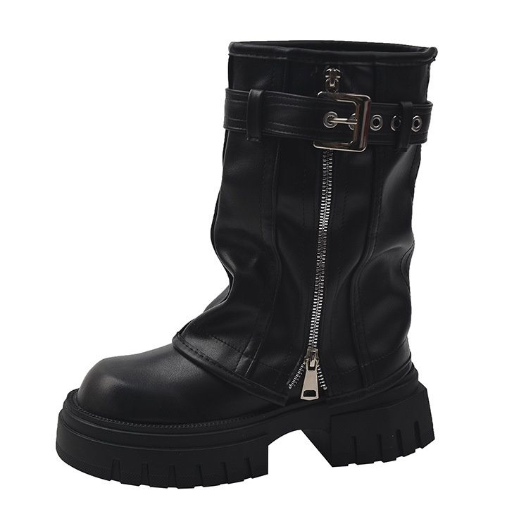 ショートブーツ 厚底ソール本革ベルト装飾ショートブーツ