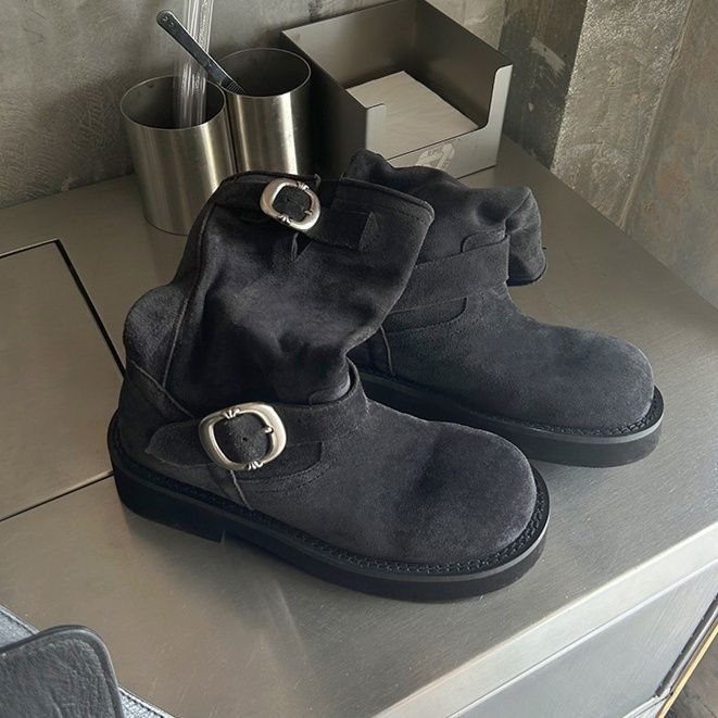 ショートブーツ 金属バックル付きサイドジップショートブーツ