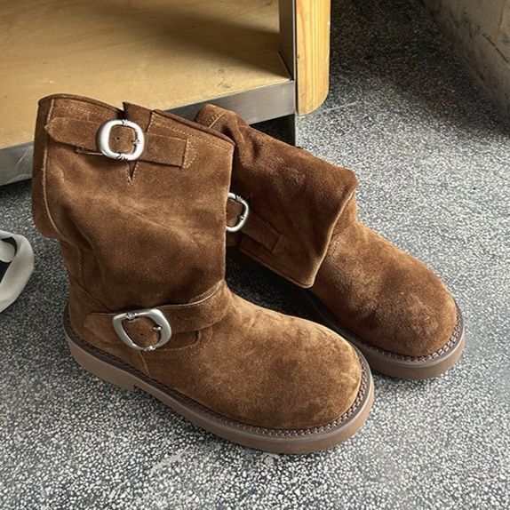 ショートブーツ 金属バックル付きサイドジップショートブーツ