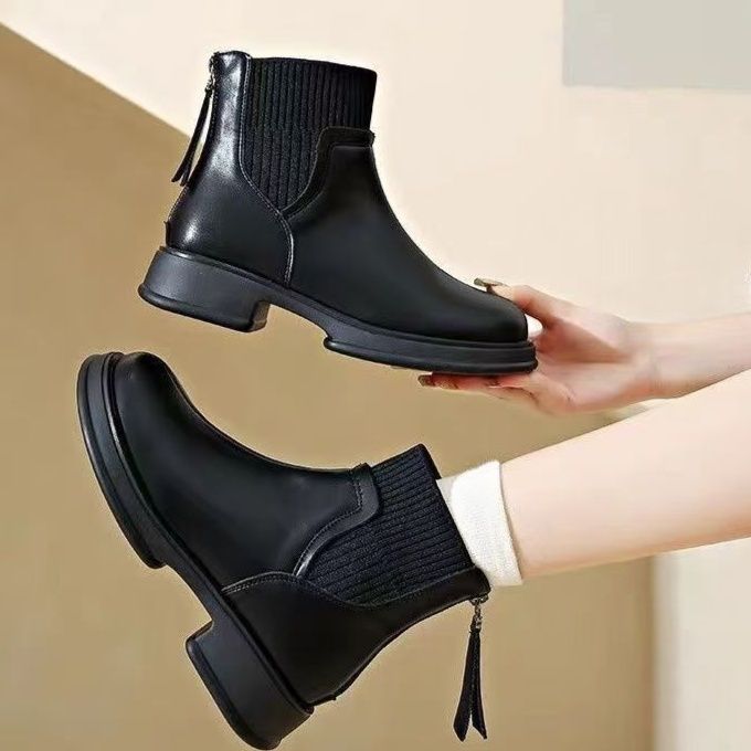 ショートブーツ リブニット切り替え本革ショートブーツ