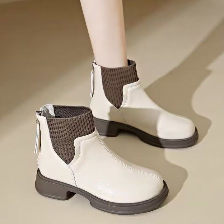 ショートブーツ リブニット切り替え本革ショートブーツ