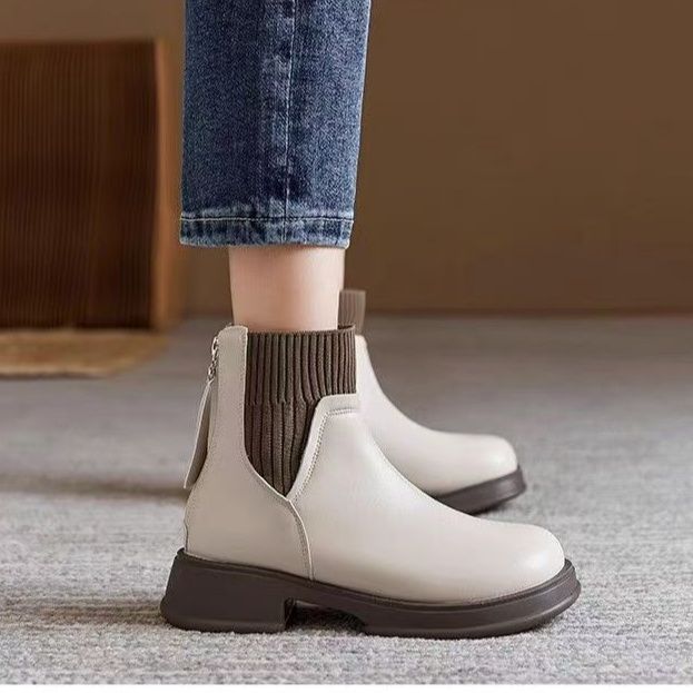 ショートブーツ リブニット切り替え本革ショートブーツ