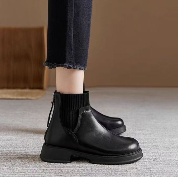 ショートブーツ リブニット切り替え本革ショートブーツ