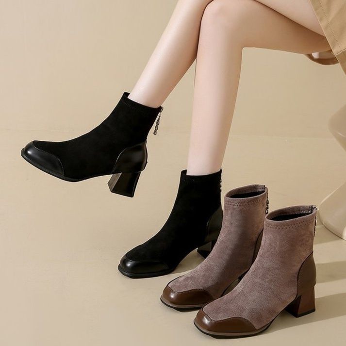 ショートブーツ 上品な太めヒール本革ショートブーツ