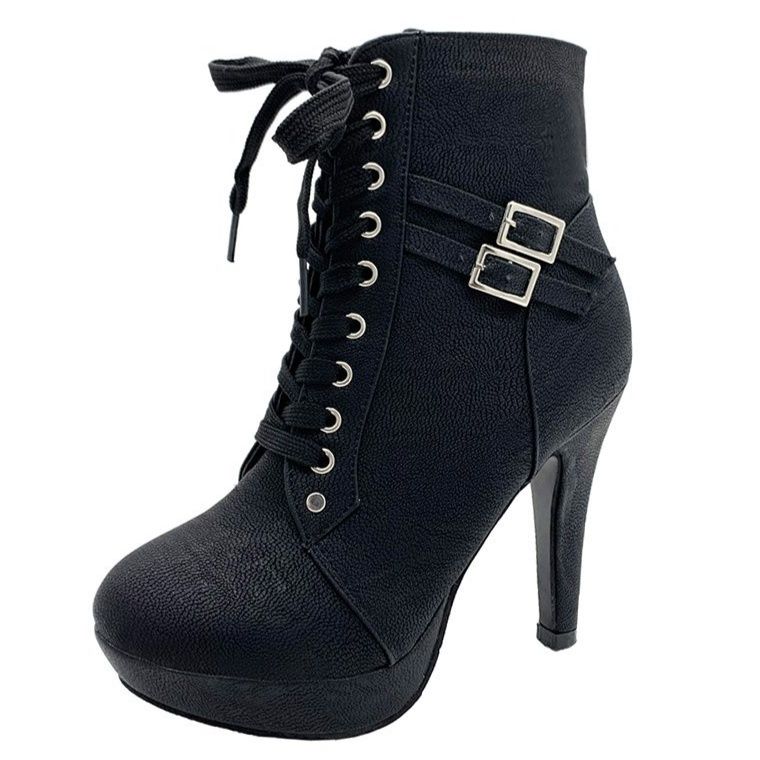 ショートブーツ 編み上げベルト付きプラットフォーム厚底ショートブーツ