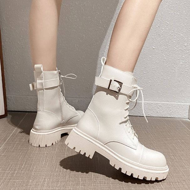 ショートブーツ 編み上げ厚底ショートブーツ本革製