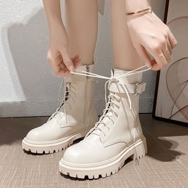 ショートブーツ 編み上げ厚底ショートブーツ本革製