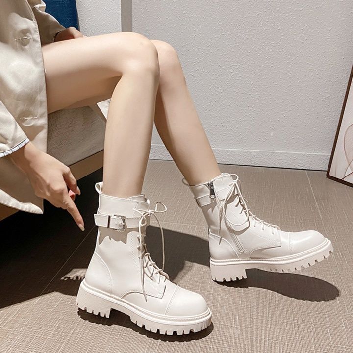 ショートブーツ 編み上げ厚底ショートブーツ本革製