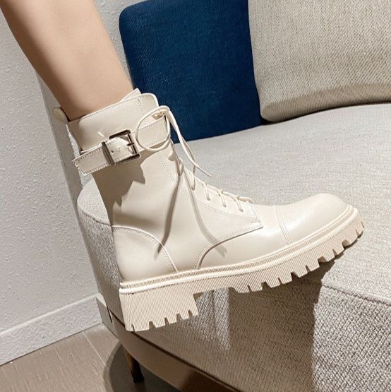 ショートブーツ 編み上げ厚底ショートブーツ本革製