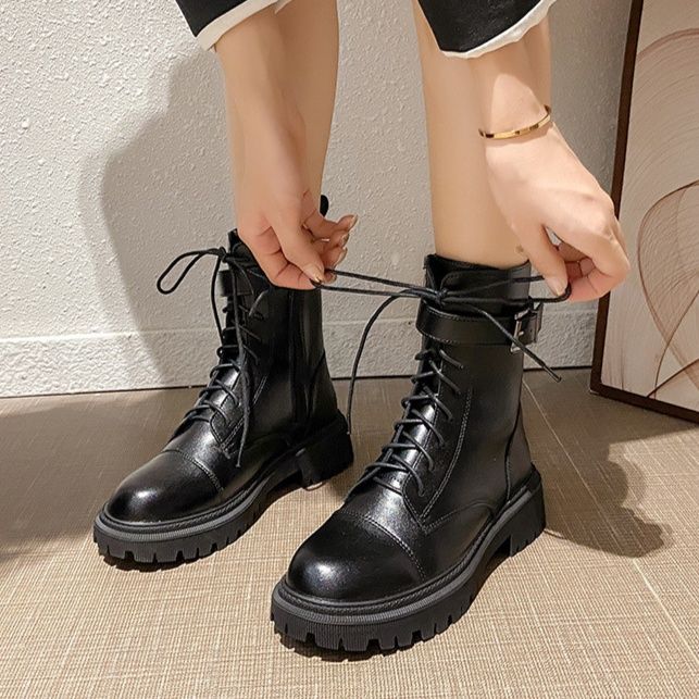 ショートブーツ 編み上げ厚底ショートブーツ本革製