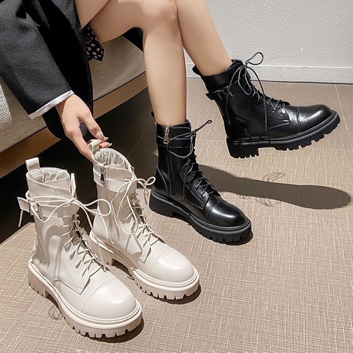 ショートブーツ 編み上げ厚底ショートブーツ本革製