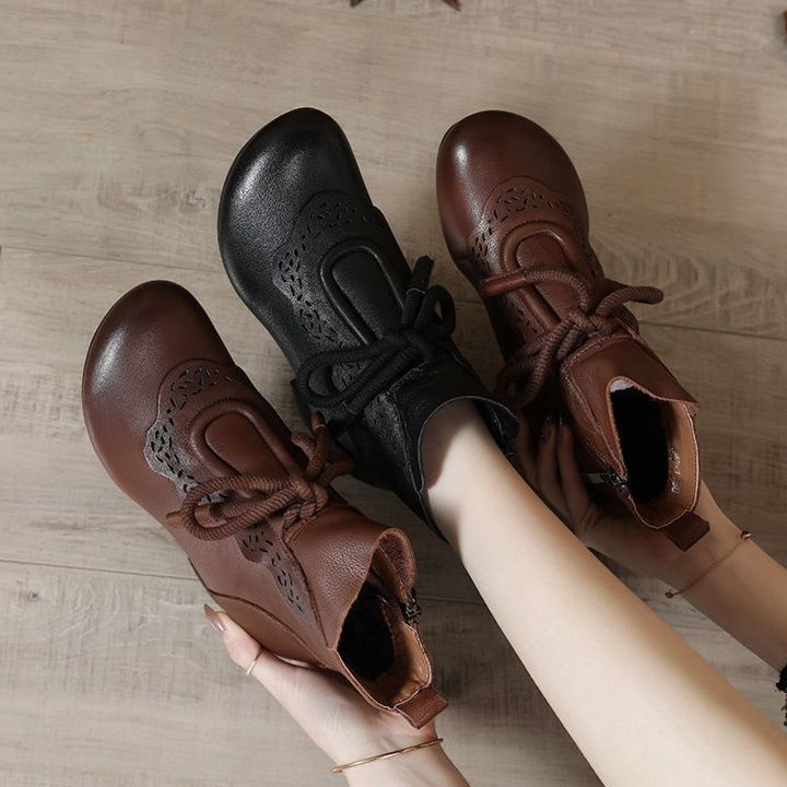 ショートブーツ 花柄レース装飾リボン結び太ヒールショートブーツ