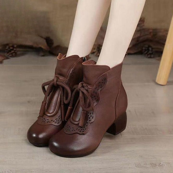 ショートブーツ 花柄レース装飾リボン結び太ヒールショートブーツ