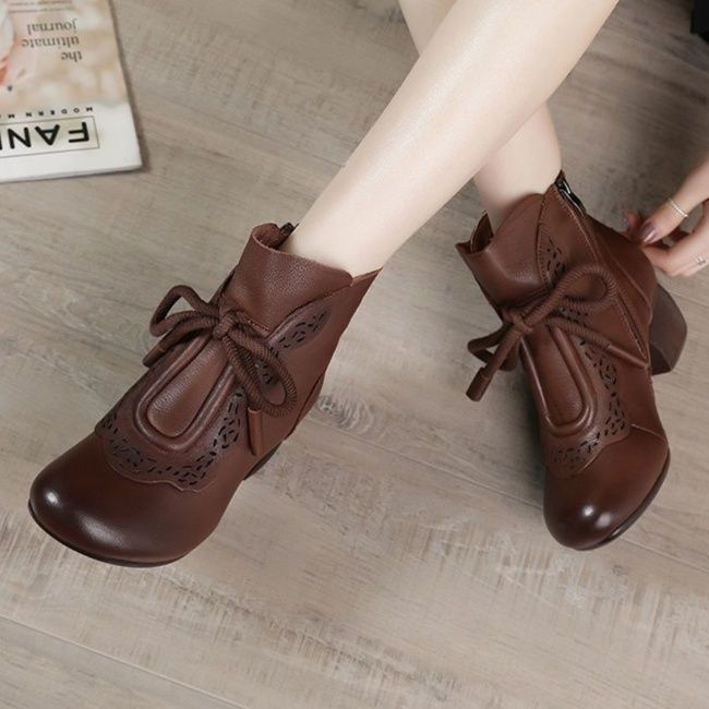 ショートブーツ 花柄レース装飾リボン結び太ヒールショートブーツ