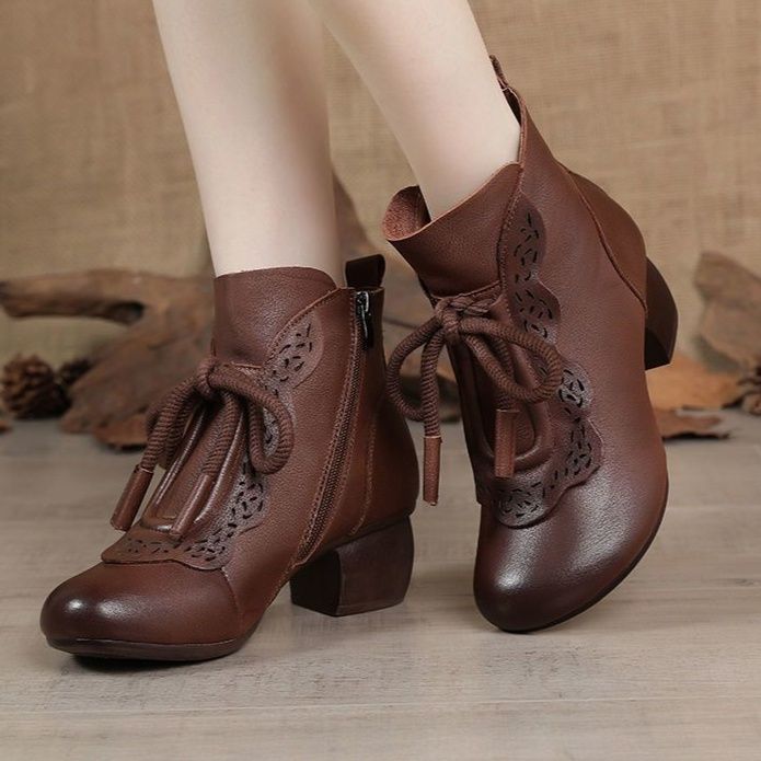 ショートブーツ 花柄レース装飾リボン結び太ヒールショートブーツ