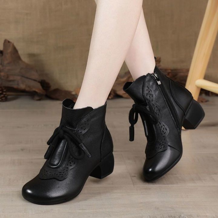 ショートブーツ 花柄レース装飾リボン結び太ヒールショートブーツ