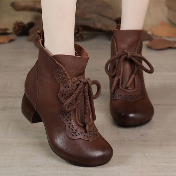 ショートブーツ 花柄レース装飾リボン結び太ヒールショートブーツ
