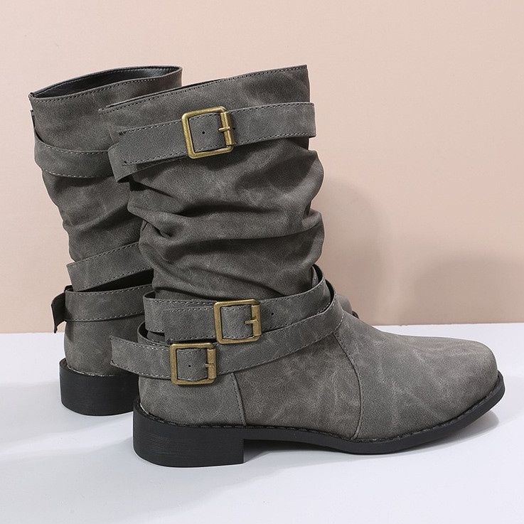 ショートブーツ 多重ベルト装飾本革ショートブーツ