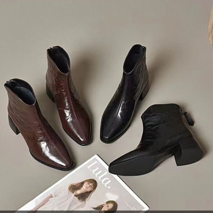 ショートブーツ サイドファスナー付き本革ショートブーツ