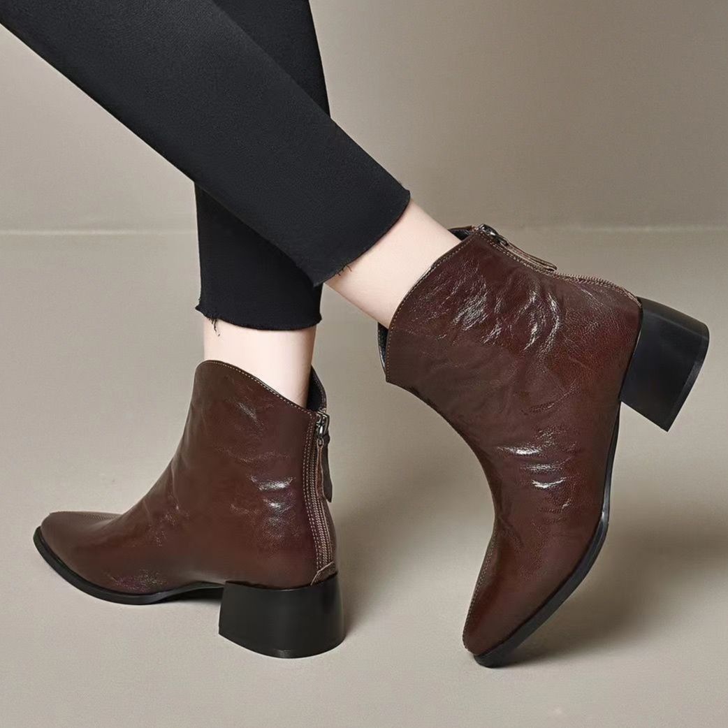 ショートブーツ サイドファスナー付き本革ショートブーツ