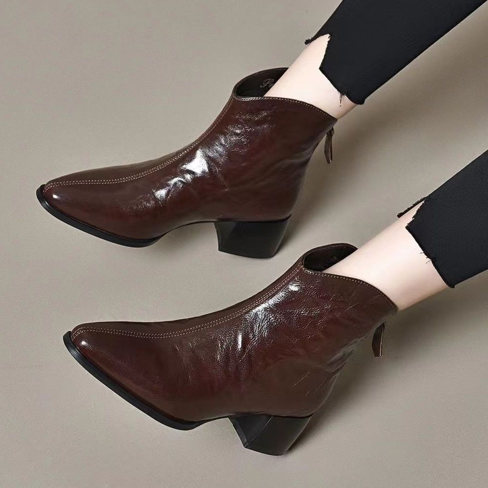 ショートブーツ サイドファスナー付き本革ショートブーツ