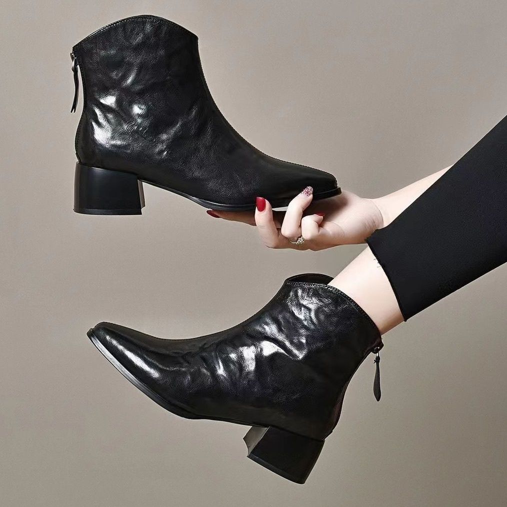 ショートブーツ サイドファスナー付き本革ショートブーツ