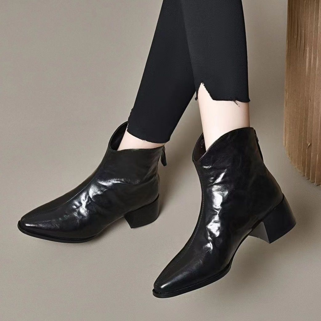 ショートブーツ サイドファスナー付き本革ショートブーツ