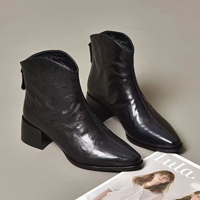 ショートブーツ サイドファスナー付き本革ショートブーツ