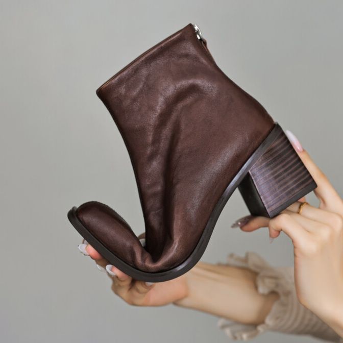 ショートブーツ 本革太めヒールショートブーツ