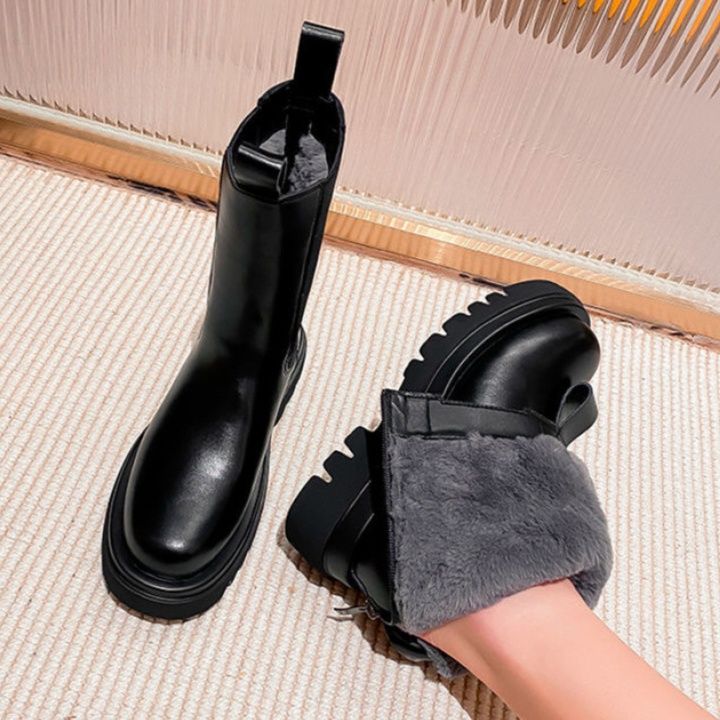 ショートブーツ ボリューム厚底サイドゴア毛足付きレザーショートブーツ