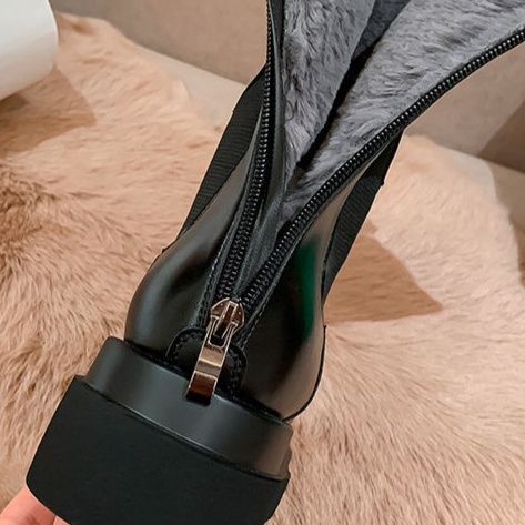 ショートブーツ ボリューム厚底サイドゴア毛足付きレザーショートブーツ