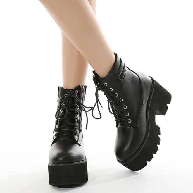 ショートブーツ 厚底プラットフォーム編み上げショートブーツ