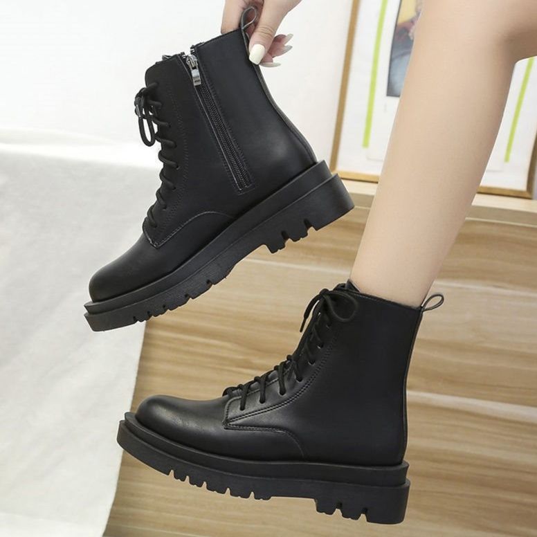 ショートブーツ 厚底ソール編み上げサイドジップショートブーツ